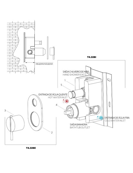 Mitigeur Mural Encastré Bain/Douche - 2 Sorties - S22 - Inox Brossé