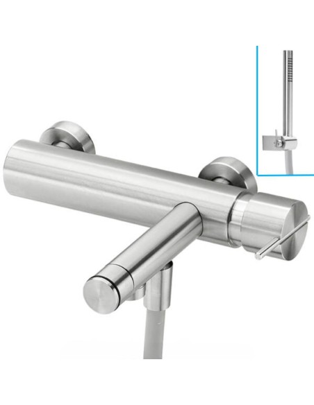 Mitigeur de Baignoire - 2 Sorties - S22 - avec Flexible et douchette - Inox Brossé