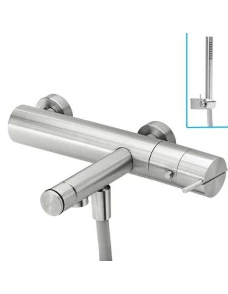 Mitigeur de Baignoire Thermostatique - 2 Sorties - S22 - avec Flexible et douchette - Inox Brossé