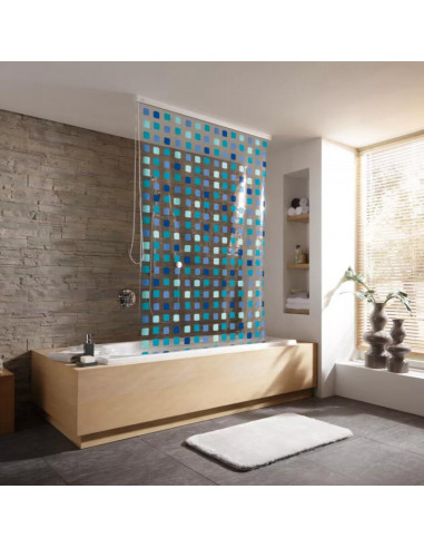 Rideau Baignoire Store - Mosaïque Bleu - Caisson en option