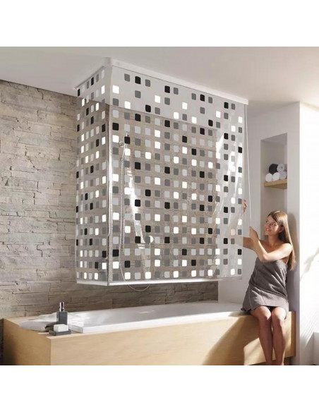 Rideau Baignoire Store d'Angle - Mosaïque Grise - Avec caisson inclus