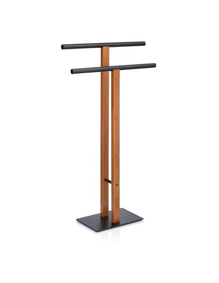 Porte Serviette double sur Pied - Amir - Bambou et Métal noir mat