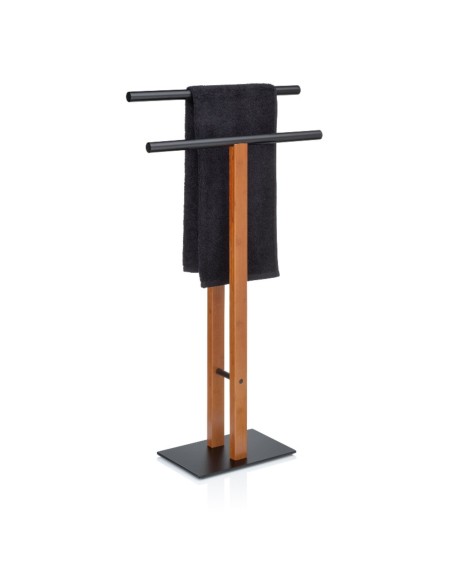 Porte Serviette double sur Pied - Amir - Bambou et Métal noir mat