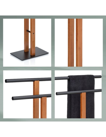 Porte Serviette double sur Pied - Amir - Bambou et Métal noir mat