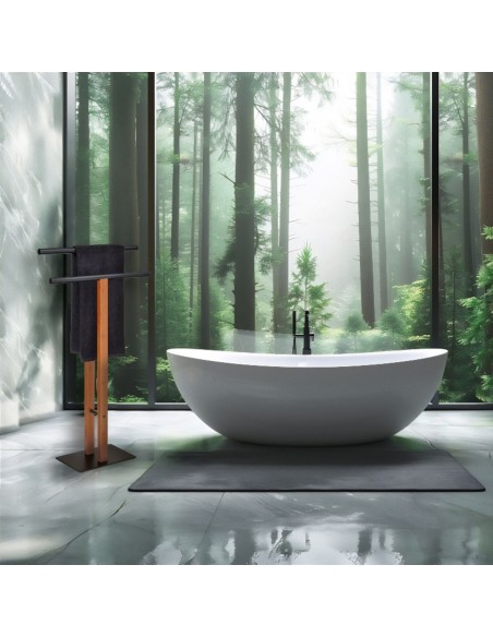 Porte Serviette double sur Pied - Amir - Bambou et Métal noir mat