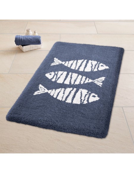 Tapis de bain antidérapant - Poissons - 60x90 cm - Bleu marine