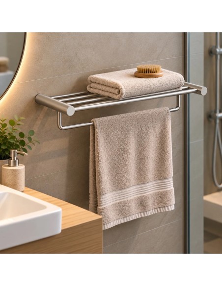 Étagère porte-serviettes murale HERMÈS – Inox nickel brossé – 60 cm - générée IA